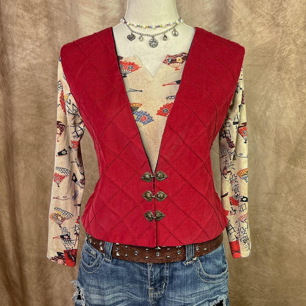 Vintage 90s Diamond Vest Red V Neck Sleeveless Textured Heart Closure Steampunk